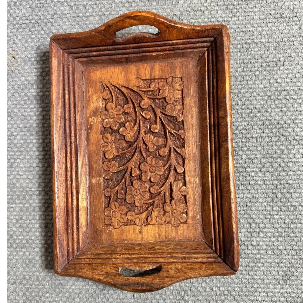 VTG Hand Carved Floral Wood Serving Tray Small Rectangular Handle Platter